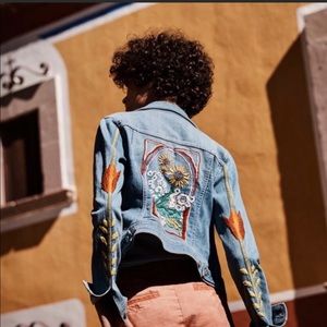 Anthropologie Denim Jacket with Colorful Embroidery